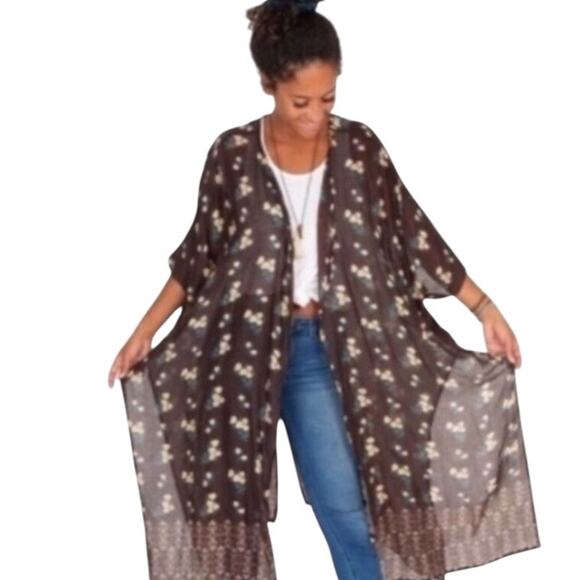 Natural Life Brown Floral Kimono Topper ONE SIZE Sheer Bohemian Chic Layering - Picture 1 of 10